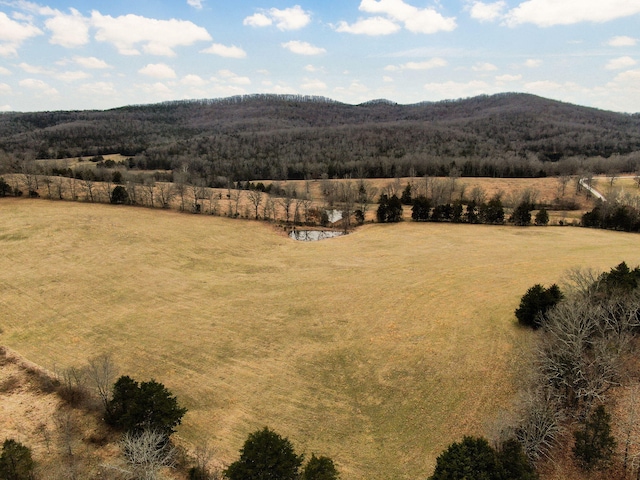 birds eye view of property with a wooded view, a rural view, and a mountain view