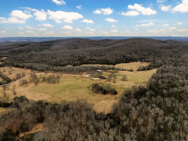 aerial view featuring a wooded view