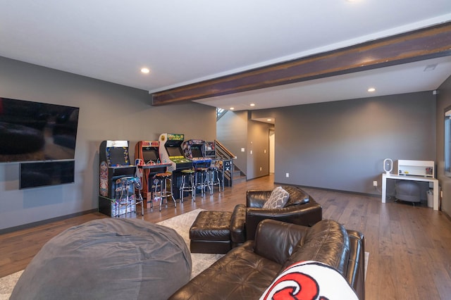 living room with stairs, recessed lighting, baseboards, and hardwood / wood-style floors