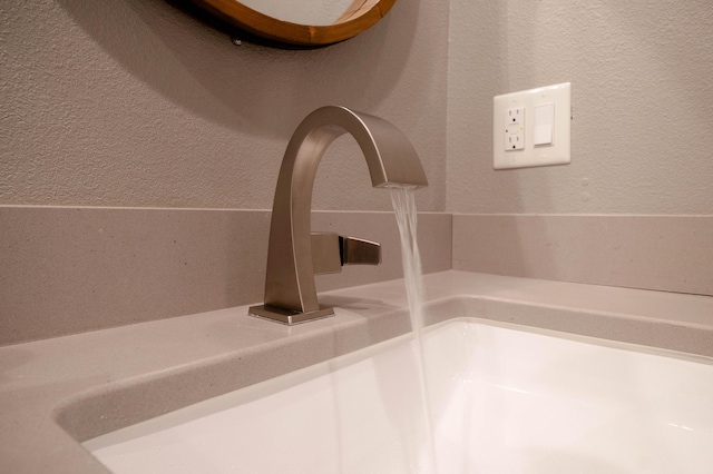 interior details with a textured wall and a sink