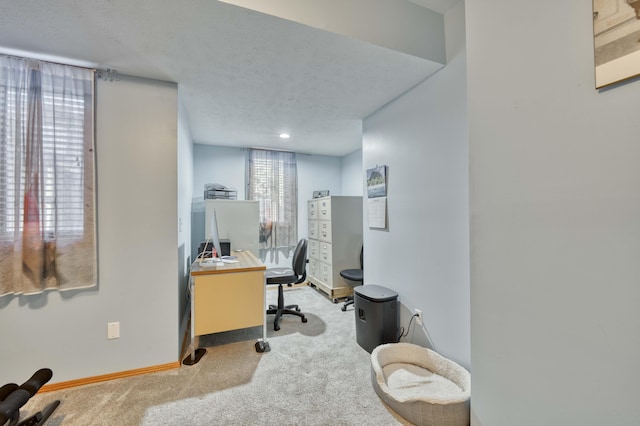 office space featuring baseboards, carpet floors, and a textured ceiling