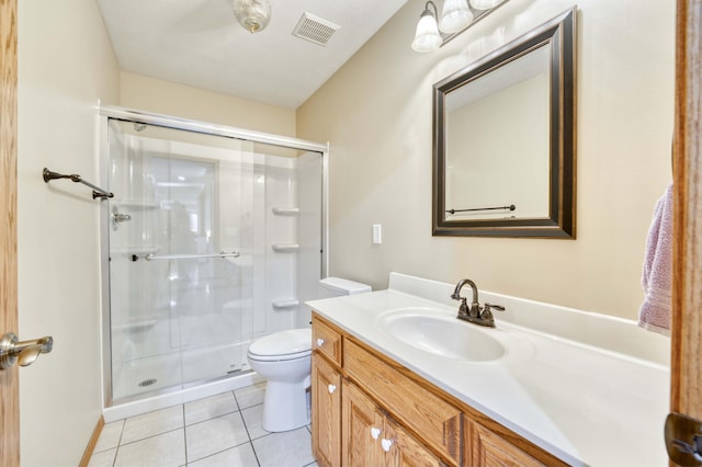 bathroom with visible vents, toilet, a shower stall, and tile patterned flooring