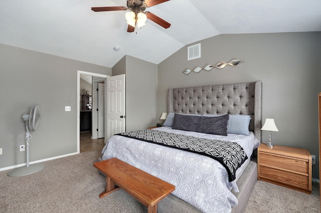 bedroom with visible vents, baseboards, ceiling fan, carpet floors, and vaulted ceiling