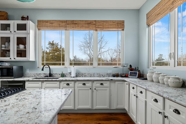 kitchen with white cabinetry, stainless steel microwave, glass insert cabinets, and a sink