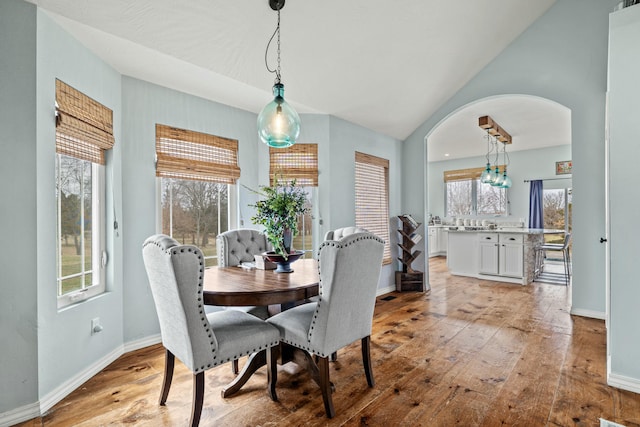 dining space with a wealth of natural light, light wood-style flooring, and arched walkways