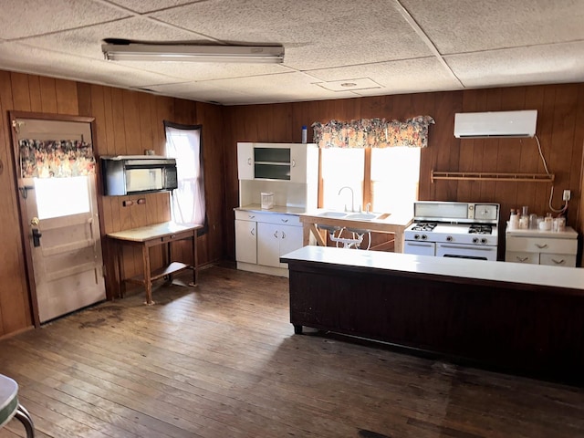 kitchen with wooden walls, white range with gas stovetop, a sink, hardwood / wood-style flooring, and light countertops