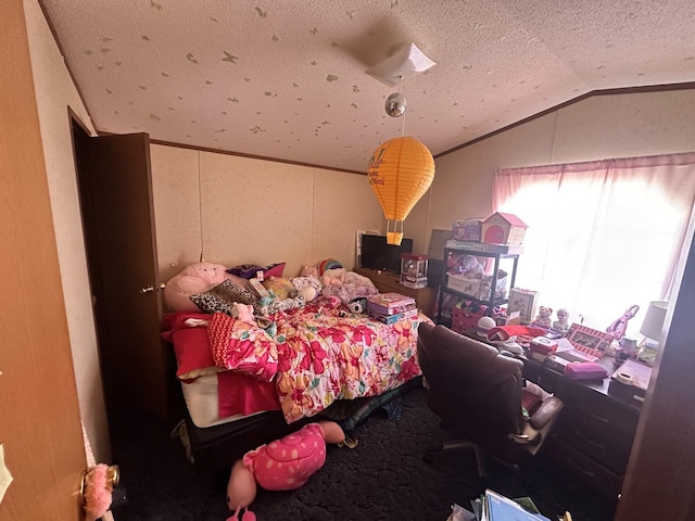 bedroom with a textured ceiling, lofted ceiling, and carpet floors