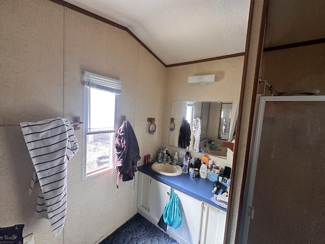 bathroom featuring ornamental molding, a shower stall, lofted ceiling, vanity, and a textured wall