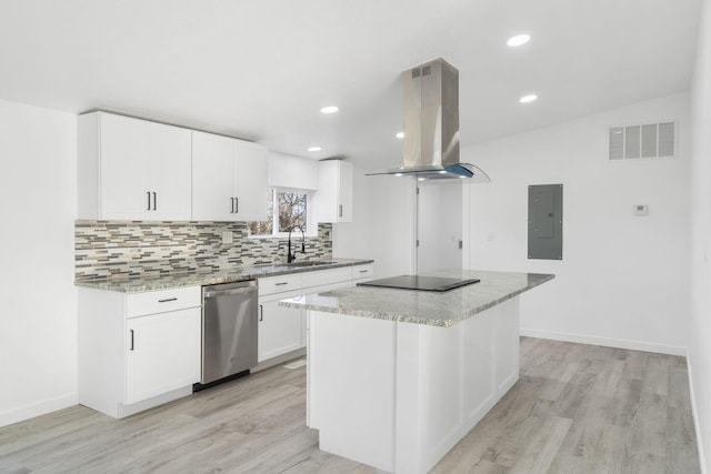 kitchen with visible vents, electric panel, island exhaust hood, black electric cooktop, and stainless steel dishwasher