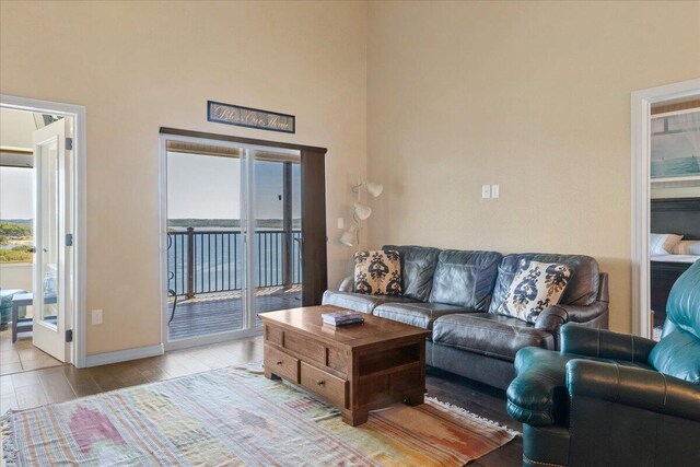 living area featuring baseboards, wood finished floors, and a high ceiling