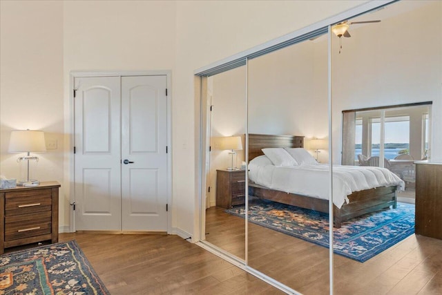 bedroom featuring two closets, wood finished floors, and a towering ceiling
