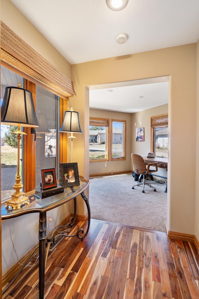 office space with wood finished floors, a healthy amount of sunlight, and baseboards