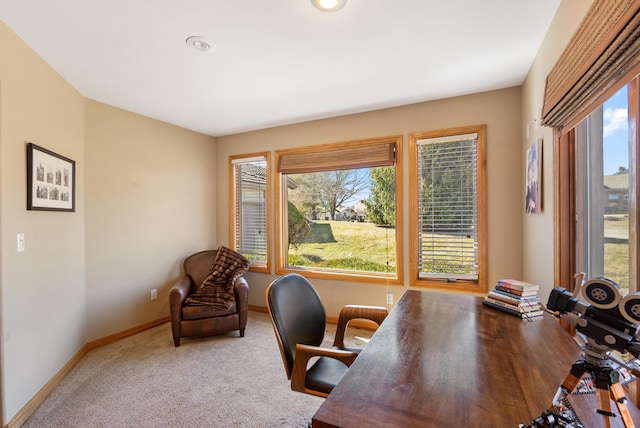 home office featuring baseboards and carpet