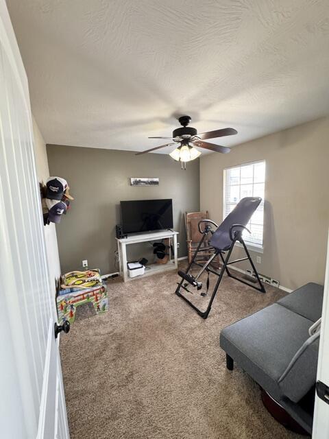 exercise room featuring carpet, ceiling fan, and a textured ceiling