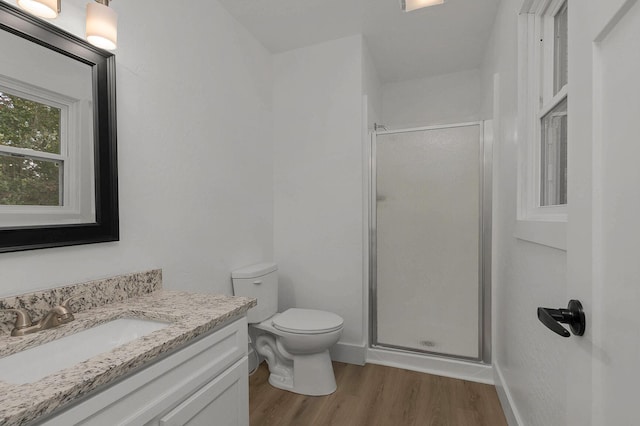 bathroom featuring wood finished floors, toilet, a stall shower, and vanity