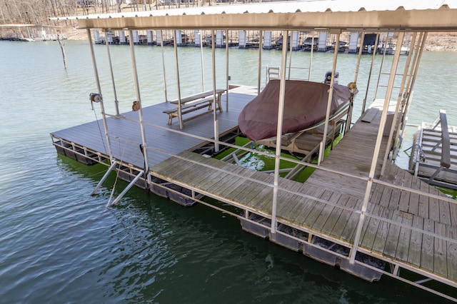 dock area featuring boat lift and a water view