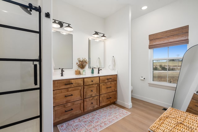 bathroom with double vanity, wood finished floors, baseboards, and a sink