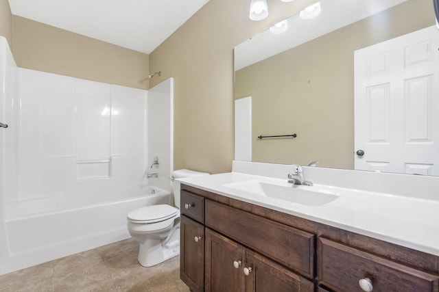 full bathroom with toilet, vanity, and shower / tub combination