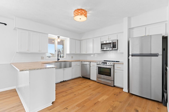 kitchen with appliances with stainless steel finishes, a peninsula, light wood-style floors, white cabinetry, and a sink