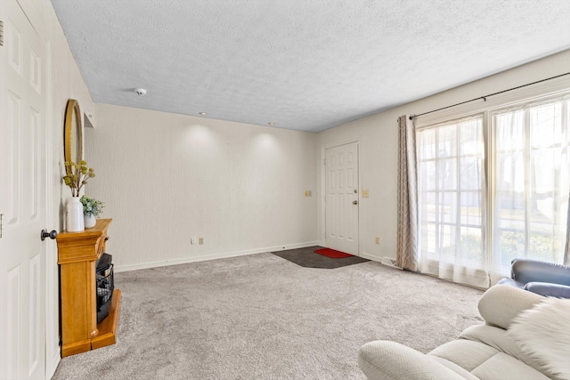 living area with a textured ceiling, baseboards, and carpet floors