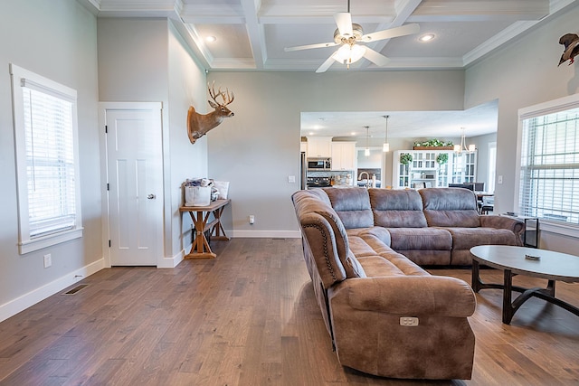 living area featuring baseboards, coffered ceiling, beam ceiling, and dark wood-style floors