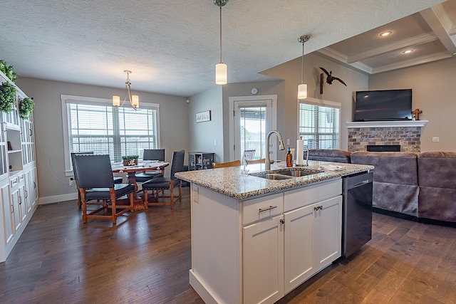 kitchen featuring a sink, dark wood finished floors, light stone counters, plenty of natural light, and stainless steel dishwasher