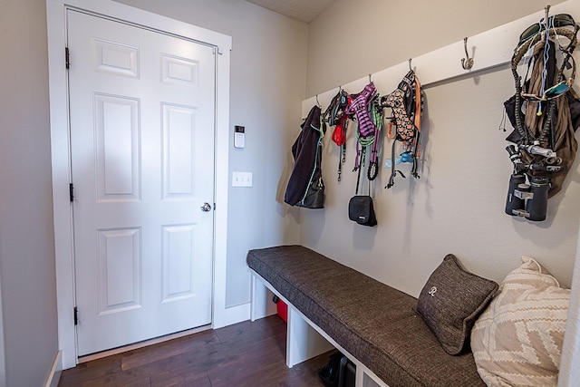 mudroom featuring dark wood finished floors and baseboards