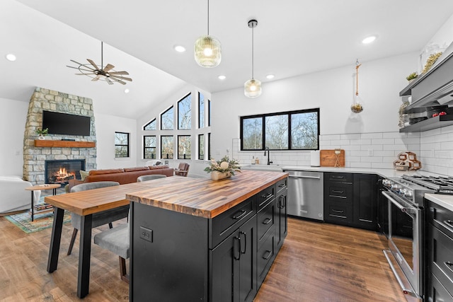 kitchen featuring butcher block countertops, a stone fireplace, dark cabinetry, wood finished floors, and stainless steel appliances