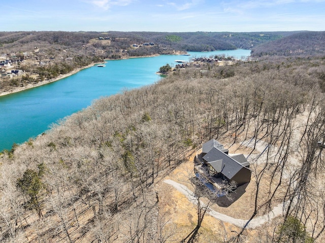 birds eye view of property with a wooded view and a water view