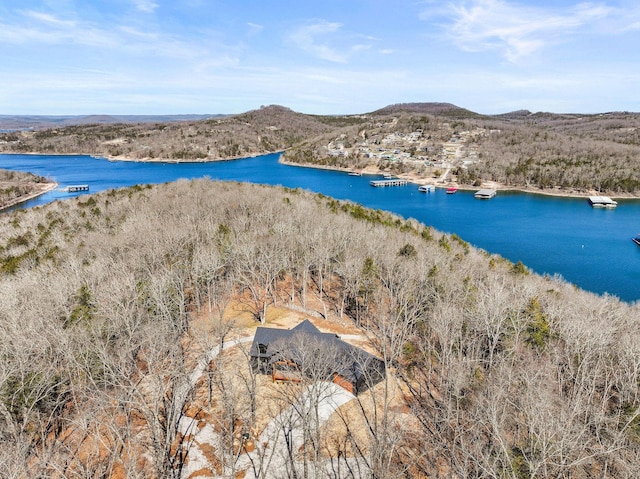 drone / aerial view featuring a water and mountain view