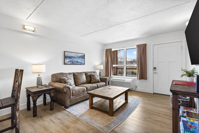 living area with baseboards, light wood finished floors, and a textured ceiling