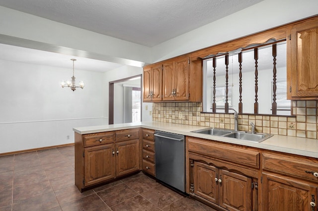 kitchen featuring a sink, tasteful backsplash, a peninsula, brown cabinetry, and dishwasher