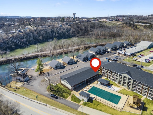 bird's eye view with a water view