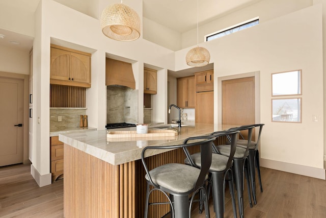 kitchen with light wood finished floors, backsplash, baseboards, custom range hood, and a sink