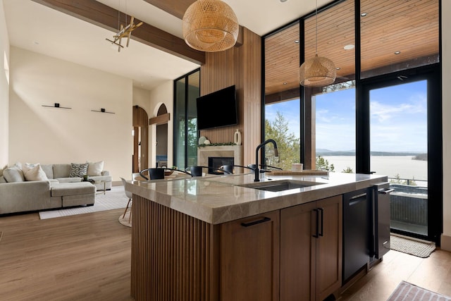 kitchen featuring a sink, open floor plan, a wall of windows, and a center island with sink