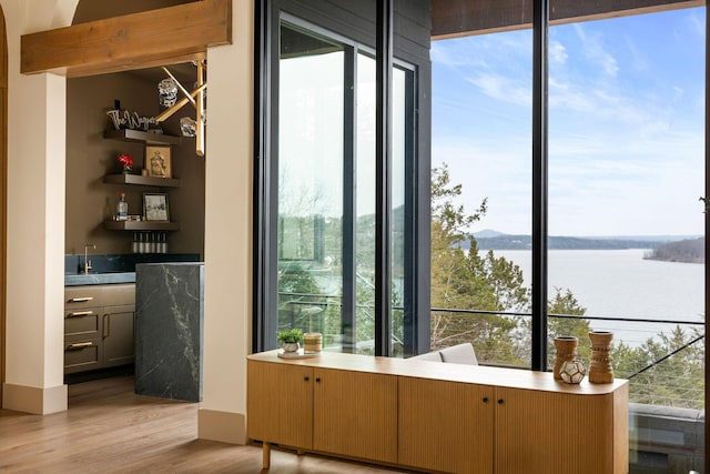 interior space with open shelves, light wood-style flooring, and a water view