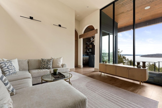 living room featuring a water view, arched walkways, wood finished floors, and plenty of natural light