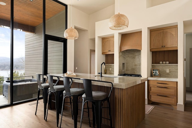 kitchen with a sink, wood finished floors, a wall of windows, decorative backsplash, and custom exhaust hood