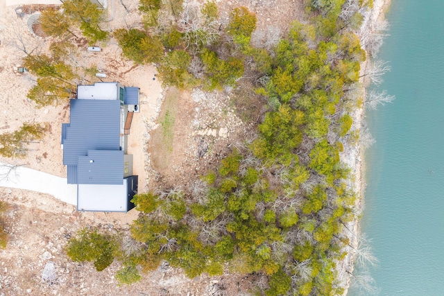 drone / aerial view featuring a water view