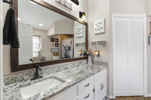 bathroom with vanity, toilet, wood finished floors, and a closet