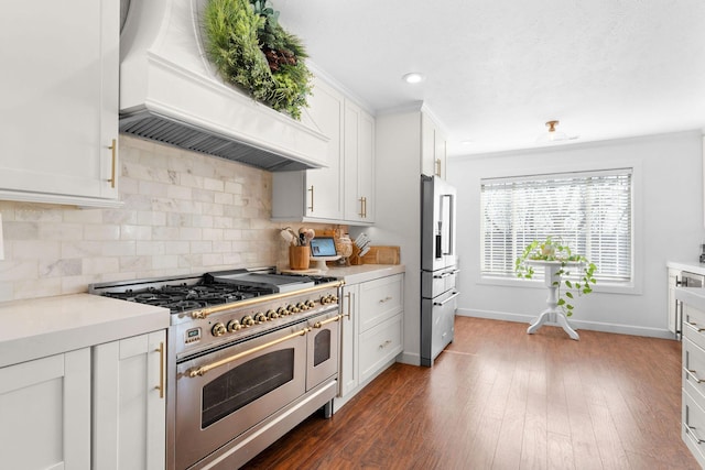 kitchen with decorative backsplash, light countertops, high end appliances, and custom range hood