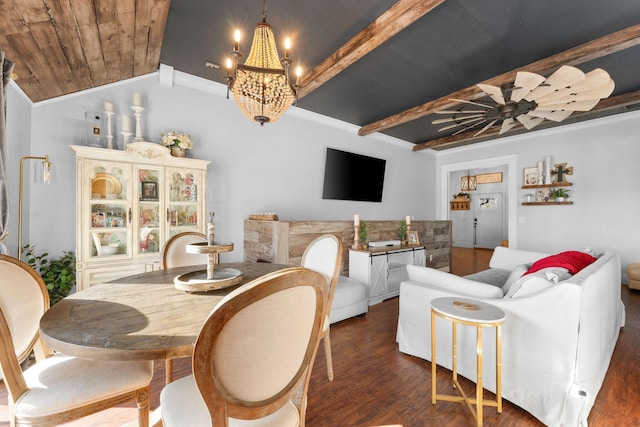 dining area with ceiling fan with notable chandelier, wood ceiling, lofted ceiling with beams, and wood finished floors