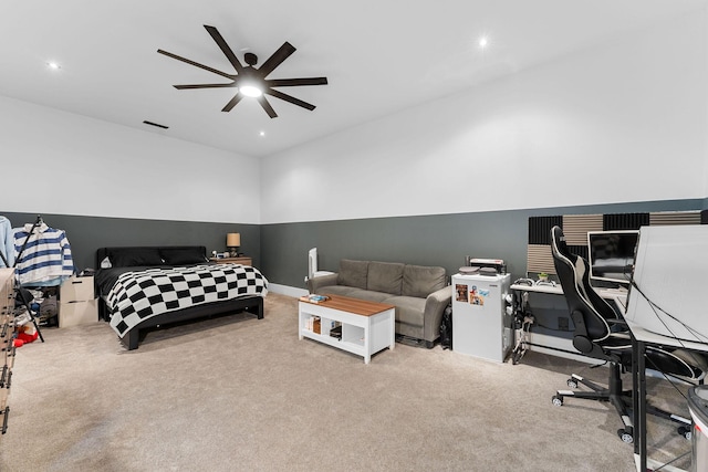 carpeted bedroom featuring recessed lighting, a ceiling fan, and visible vents