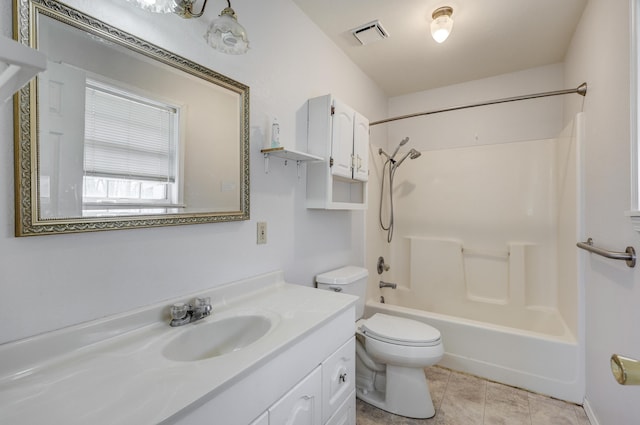 full bathroom featuring tile patterned floors, visible vents, toilet, shower / bath combination, and vanity