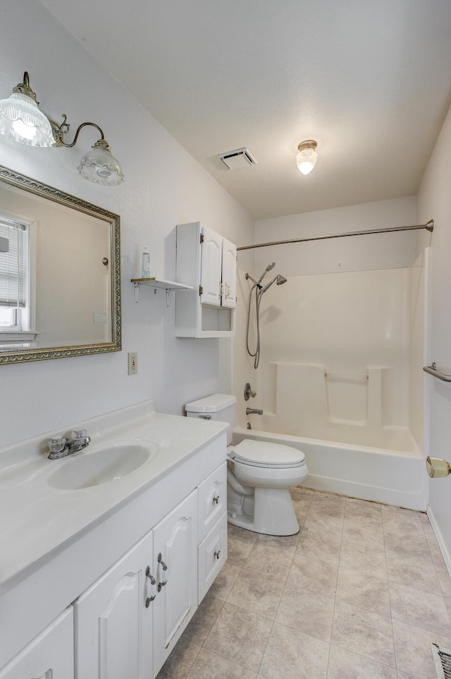 full bathroom featuring visible vents, toilet, bathtub / shower combination, tile patterned floors, and vanity