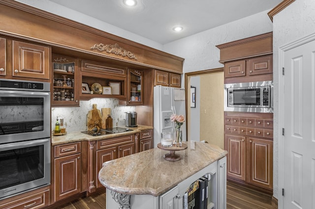 kitchen featuring open shelves, dark wood-style floors, tasteful backsplash, and appliances with stainless steel finishes