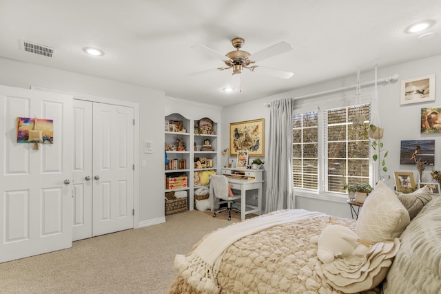 bedroom featuring visible vents, carpet, recessed lighting, a closet, and a ceiling fan