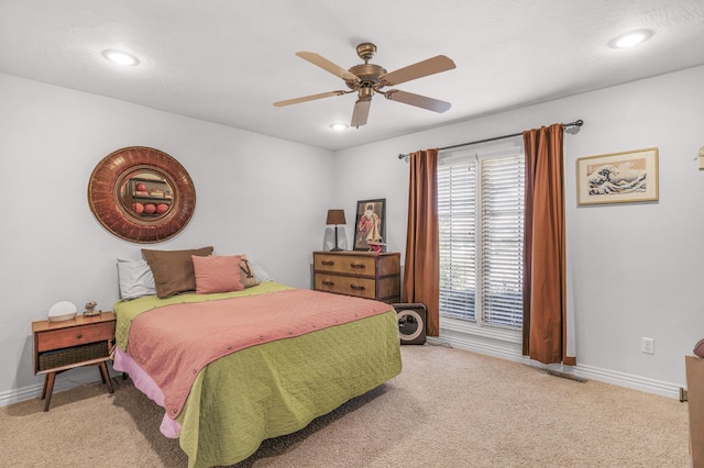 bedroom featuring carpet flooring, recessed lighting, and baseboards