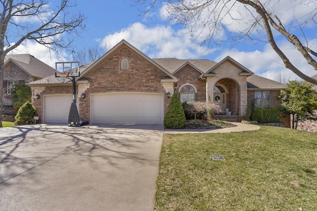 view of front of house with a shingled roof, a front lawn, concrete driveway, a garage, and brick siding