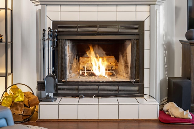 room details with a tile fireplace